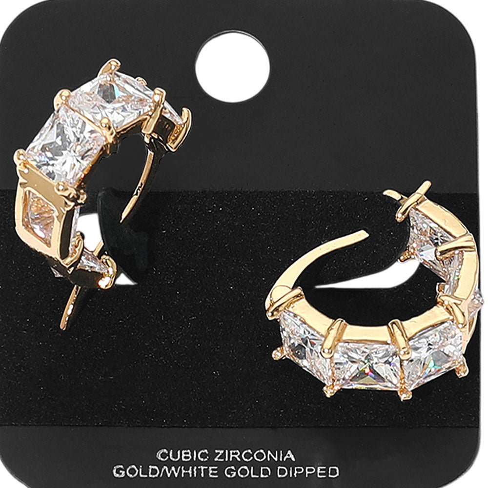 Madeline Love Gold Gold Dipped Princess Cut CZ Stone Cluster Around Pin Catch Small Hoop Earrings - Jewelry