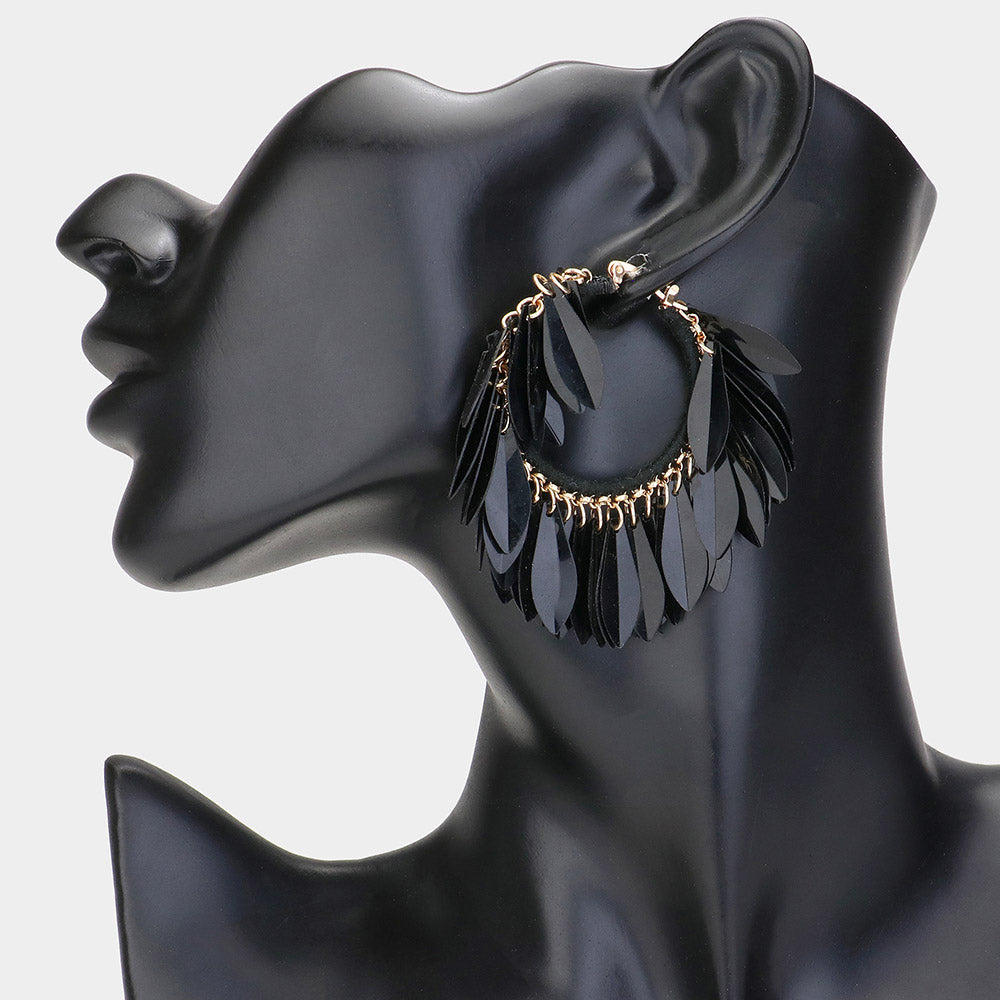 Madeline Love Jet Black Sequin Fringe Hoop Pin Catch Earrings