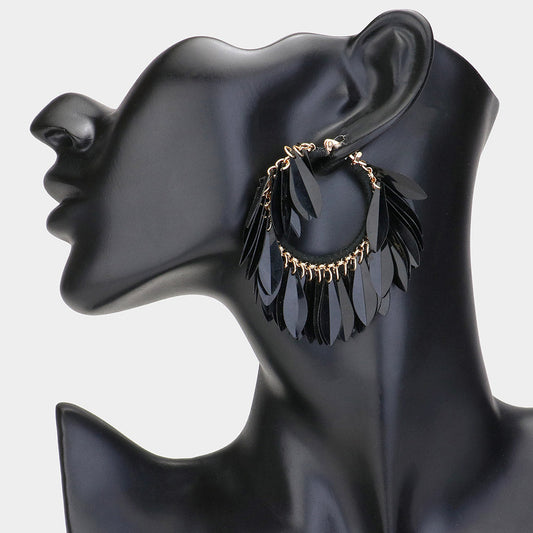 Madeline Love Jet Black Sequin Fringe Hoop Pin Catch Earrings