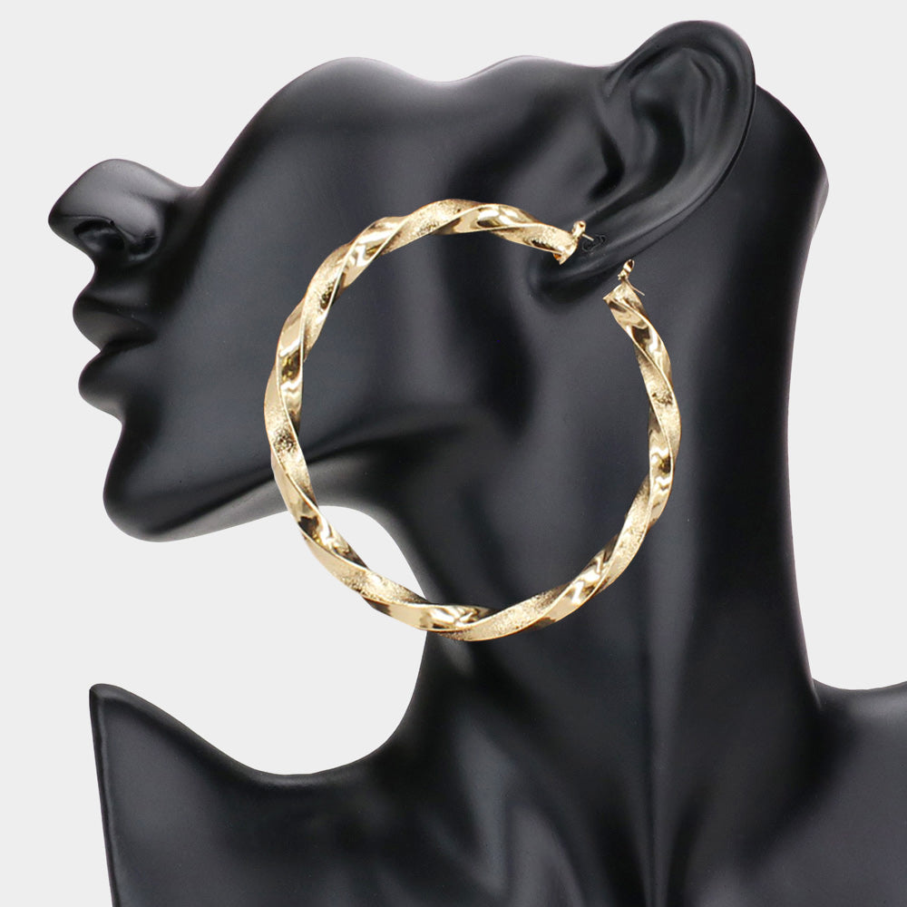 Madeline Love Gold 3.2 Inch Twisted Metal Hoop Pin Catch Earrings