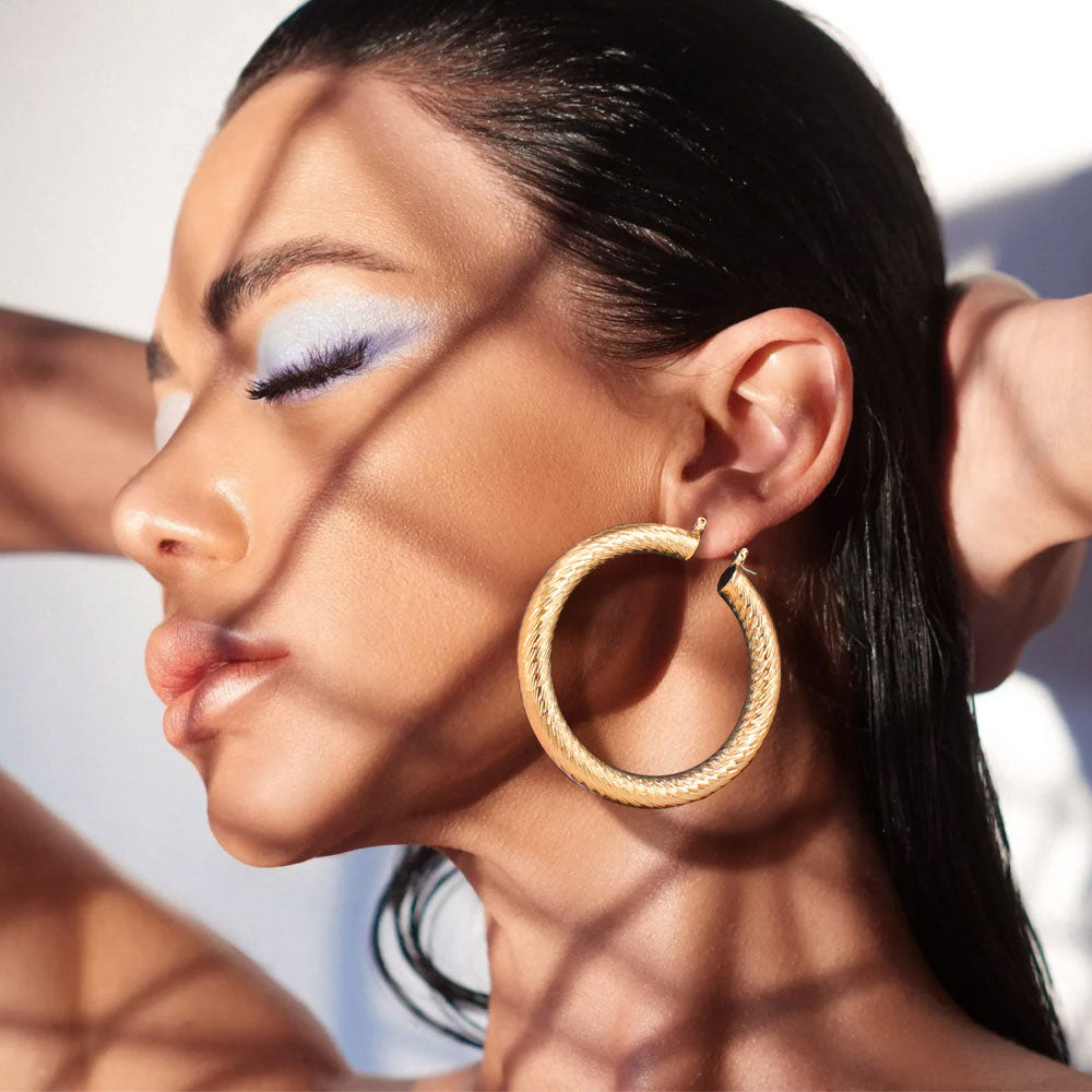 Madeline Love Gold Textured Metal 2.5 Inch Hoop Pin Catch Earrings