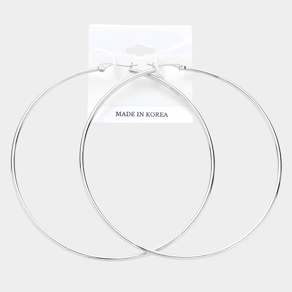 Madeline Love Rhodium 3.7" Metal Hoop Pin Catch Earrings