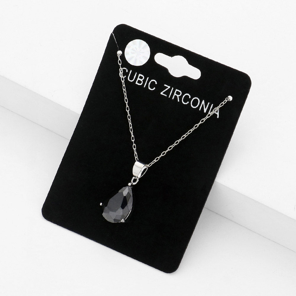 Madeline Love Jet Black, Rhodium Teardrop CZ Stone Pendant Necklace - Jewelry