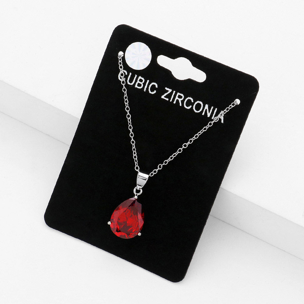 Madeline Love Red, Rhodium Teardrop CZ Stone Pendant Necklace - Jewelry