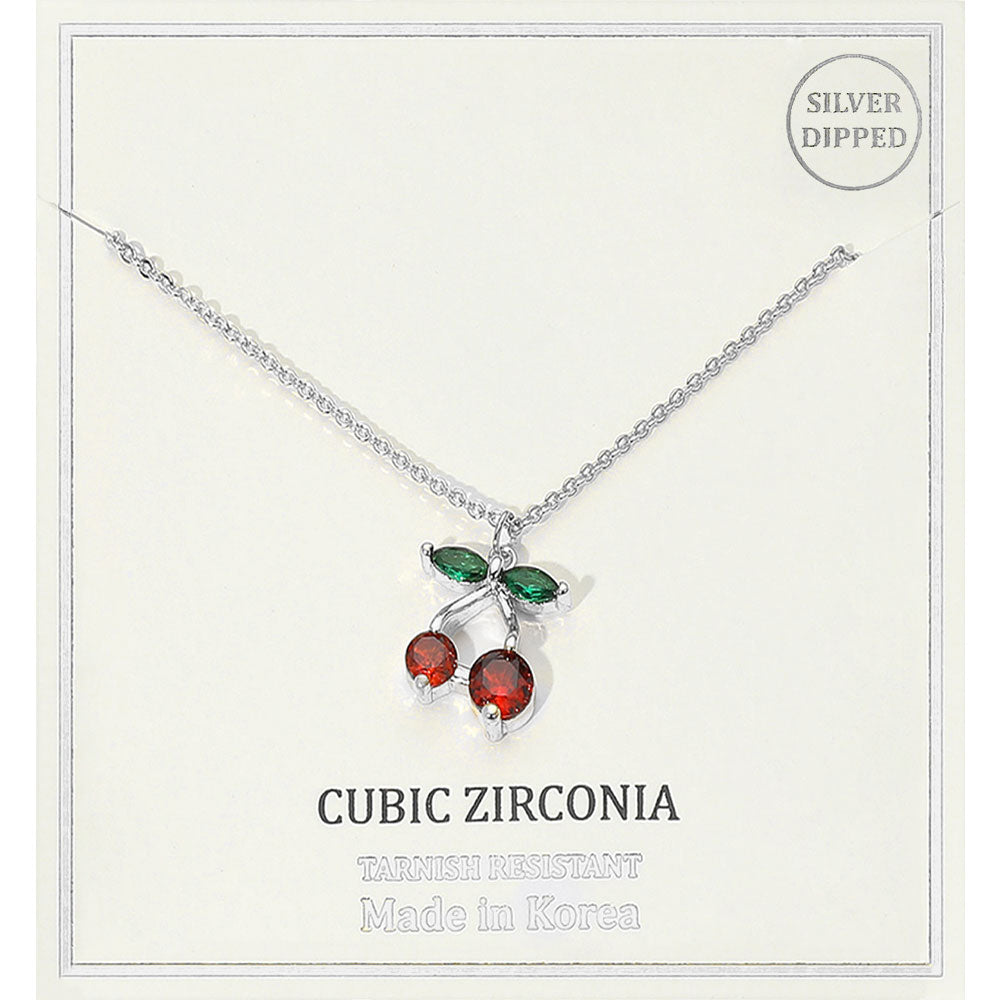 Madeline Love Red, Rhodium Silver Dipped CZ Stone Cherry Pendant Necklace - Jewelry