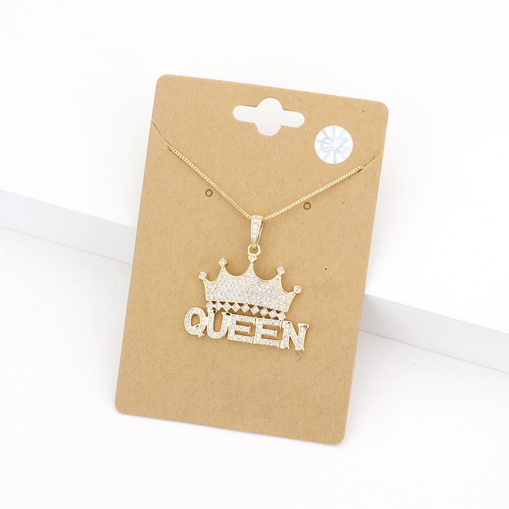 Madeline Love Gold CZ Queen Message Crown Pendant Necklace - Jewelry