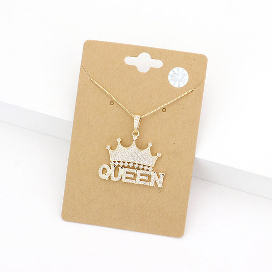 Madeline Love Gold CZ Queen Message Crown Pendant Necklace - Jewelry