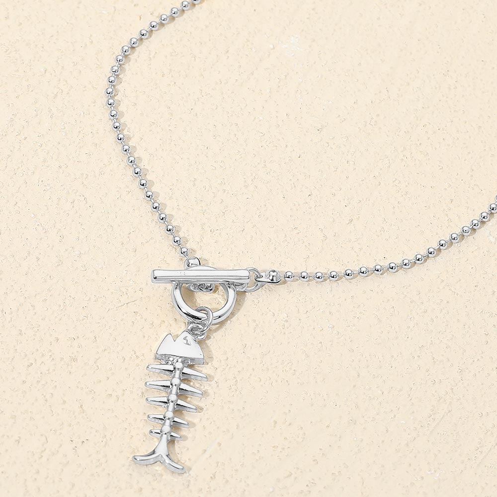 Madeline Love Rhodium Metal Fishbone Toggle Pendant Beaded Chain Necklace - Necklaces