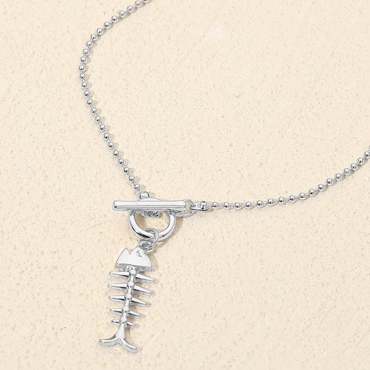 Madeline Love Rhodium Metal Fishbone Toggle Pendant Beaded Chain Necklace - Necklaces