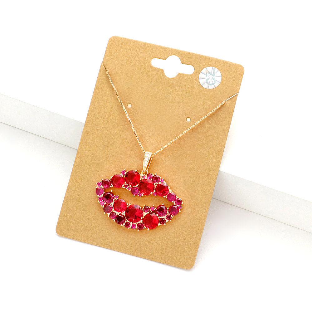 Madeline Love Fuchsia CZ Lips Pendant Necklace - Necklaces