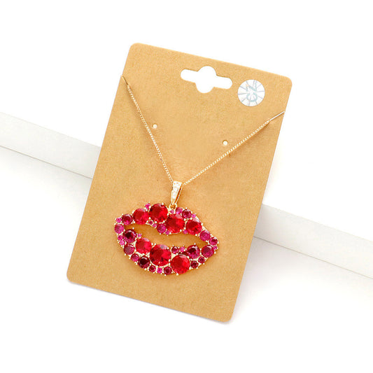 Madeline Love Fuchsia CZ Lips Pendant Necklace - Necklaces
