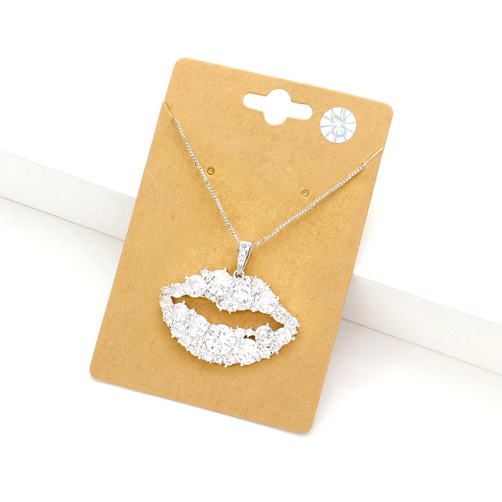 Madeline Love Silver CZ Lips Pendant Necklace - Necklaces