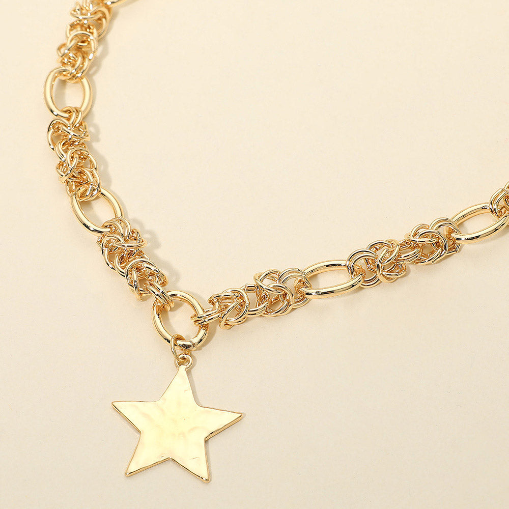 Madeline Love Gold Hammered Metal Star Pendant Chunky Mixed Chain Necklace - Necklaces