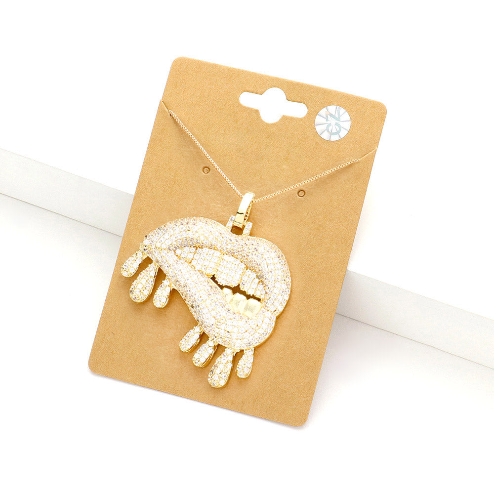 Madeline Love Gold CZ Lips Pendant Necklace - Necklaces