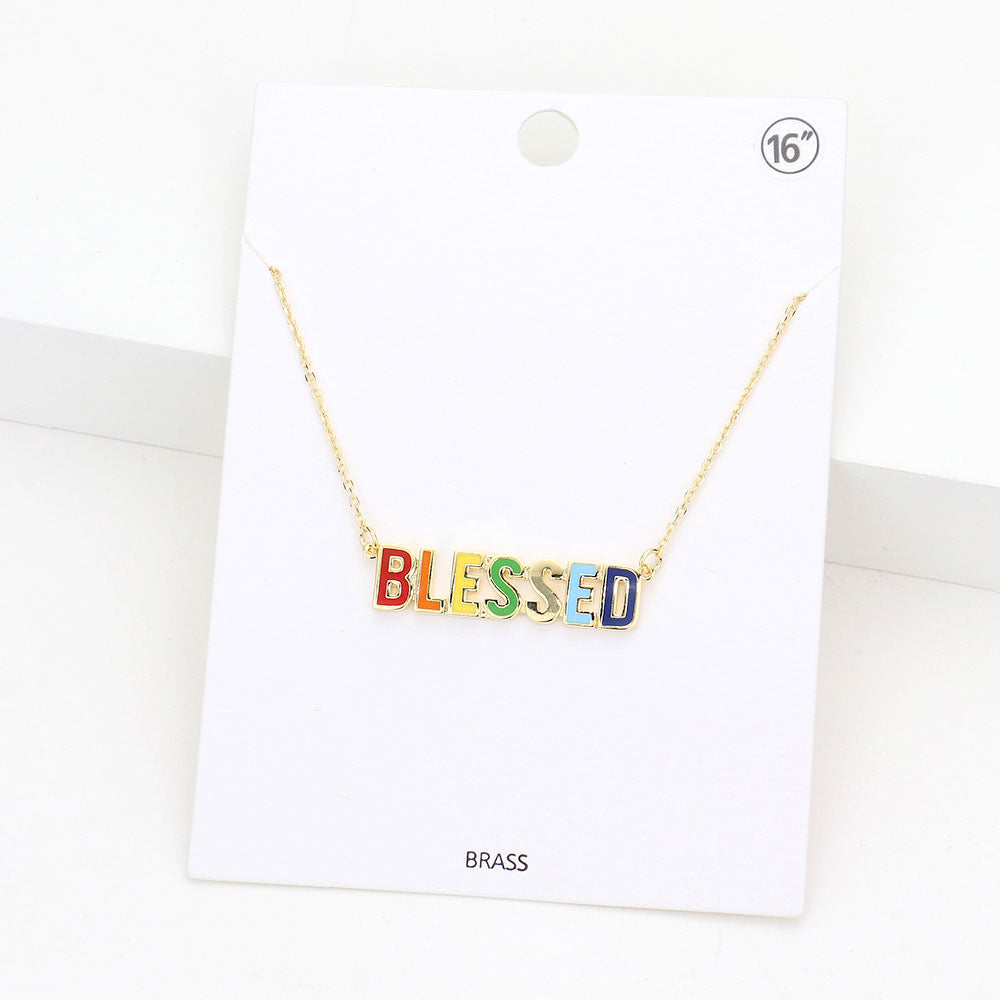 Madeline Love Gold BLESSED Brass Metal Enamel Message Pendant Necklace - Necklaces