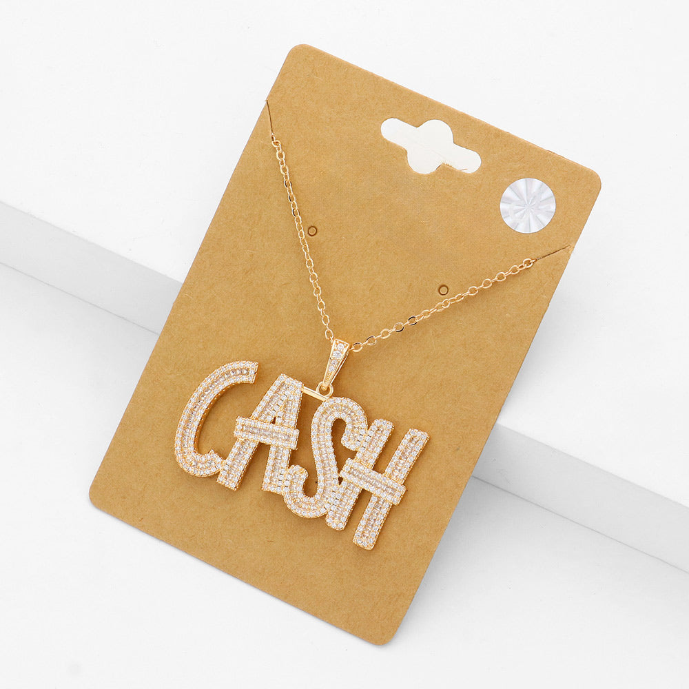 Madeline Love Gold CZ Stone Paved CASH Message Pendant Necklace - Necklaces