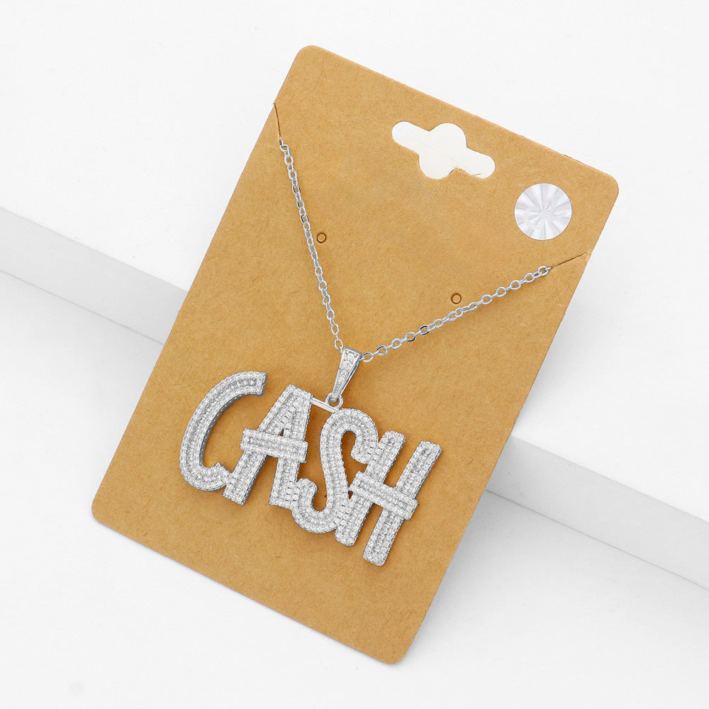 Madeline Love Rhodium CZ Stone Paved CASH Message Pendant Necklace - Necklaces