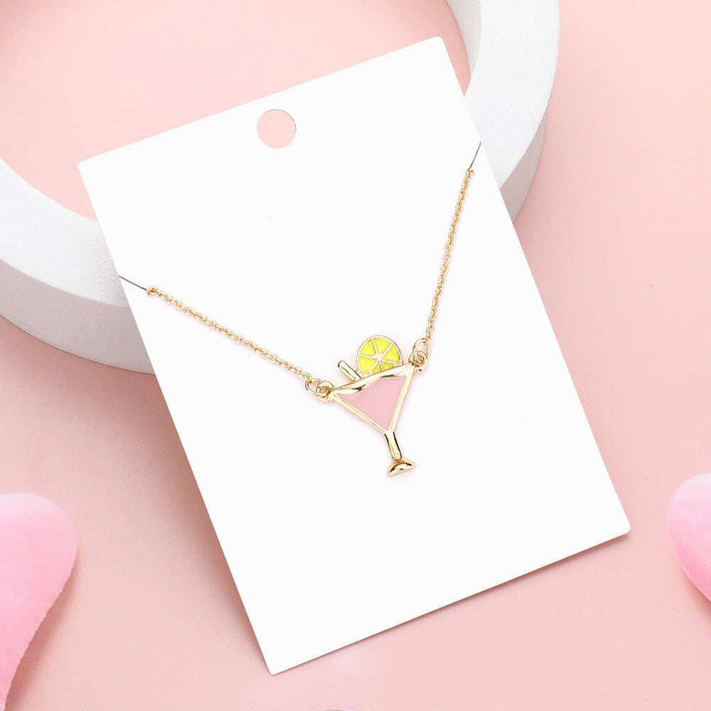 Madeline Love Gold, Pink Enamel Cocktail Pendant Necklace - Necklaces