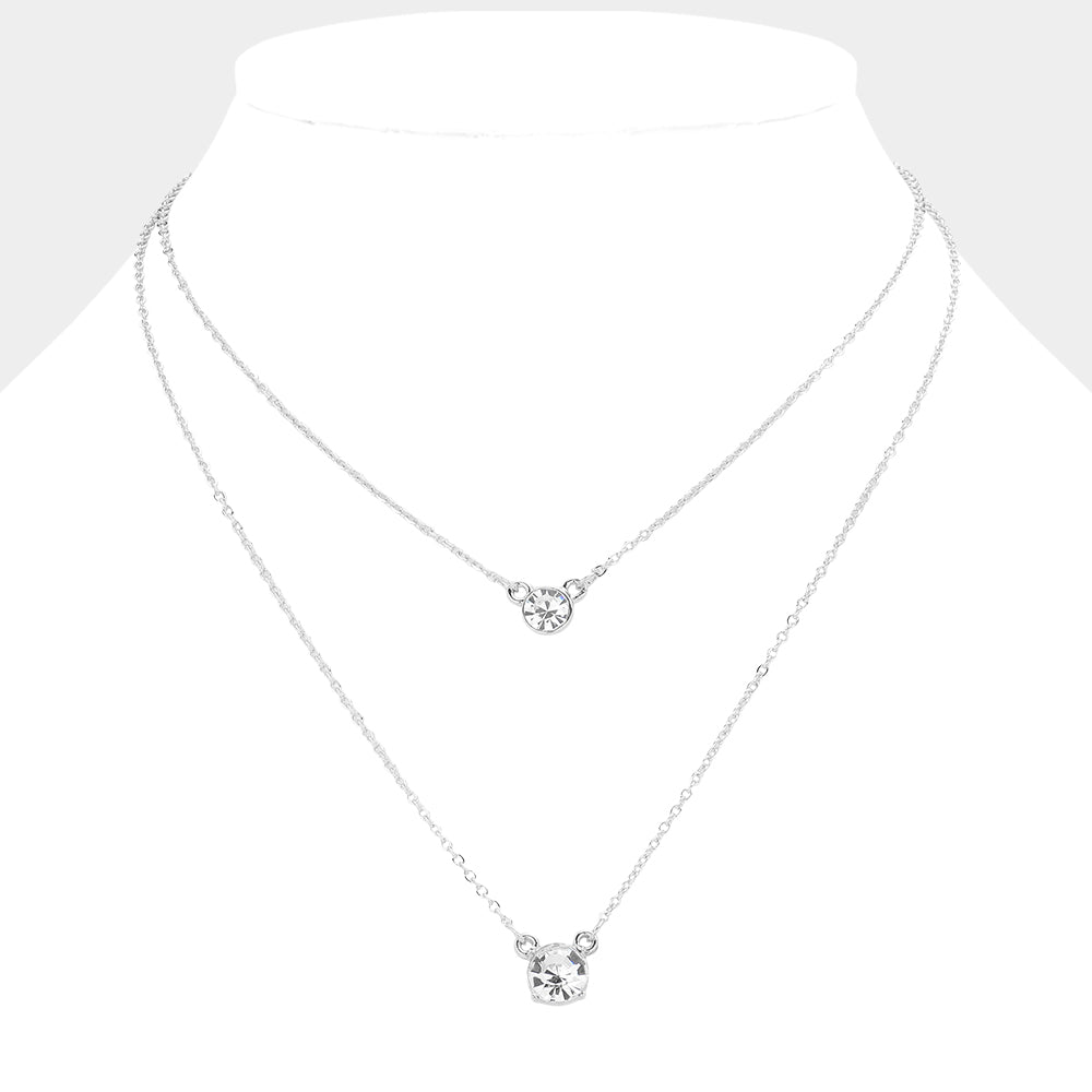 Madeline Love Rhodium Double Round Stone Pendant Layered Necklace - Jewelry