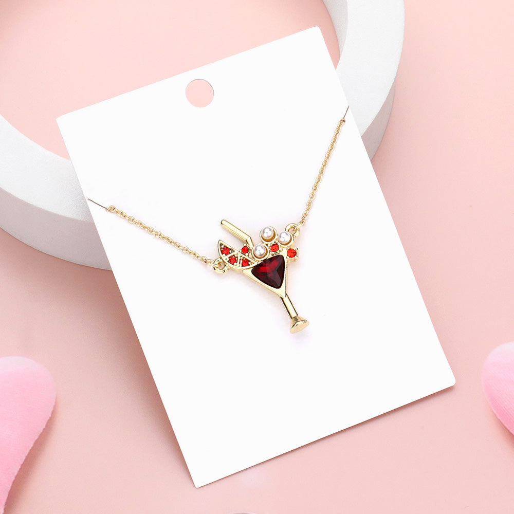 Madeline Love Gold, Red Pearl Stone Embellished Cocktail Pendant Necklace - Necklaces