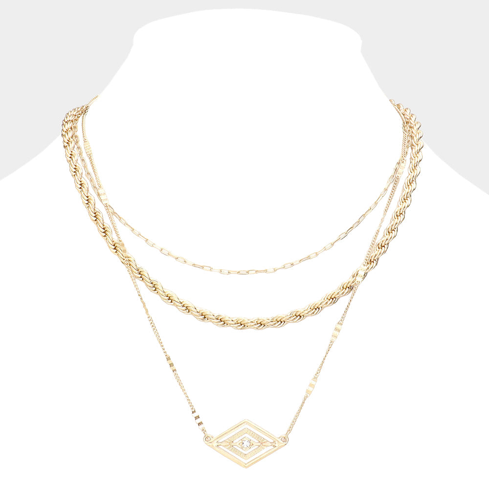 Madeline Love Worn Gold Rhinestone Centered Metal Rhombus Pendant Triple Layered Necklace - Necklaces