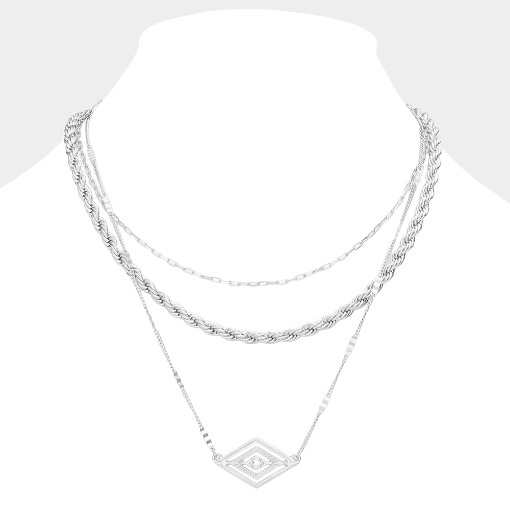 Madeline Love Worn Silver Rhinestone Centered Metal Rhombus Pendant Triple Layered Necklace - Necklaces