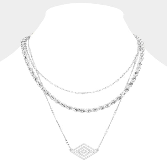 Madeline Love Worn Silver Rhinestone Centered Metal Rhombus Pendant Triple Layered Necklace - Necklaces