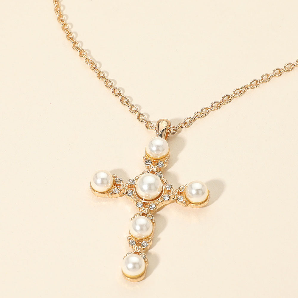 Madeline Love Cream, Gold Pearl Cross Pendant Necklace - Jewelry