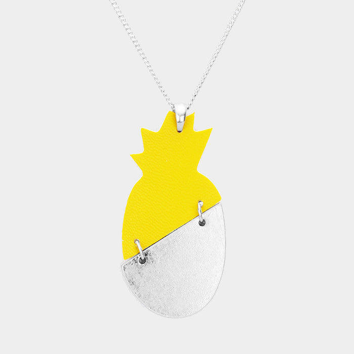 Madeline Love Worn Silver, Yellow Pine Apple Faux Leather Metal Long Necklace - Necklaces