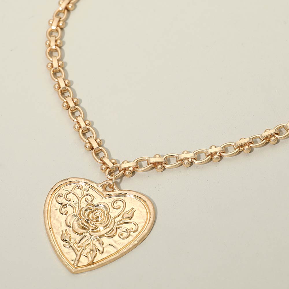 Madeline Love Worn Gold Rose Embossed Heart Pendant Decorative Link Chain Necklace - Necklaces