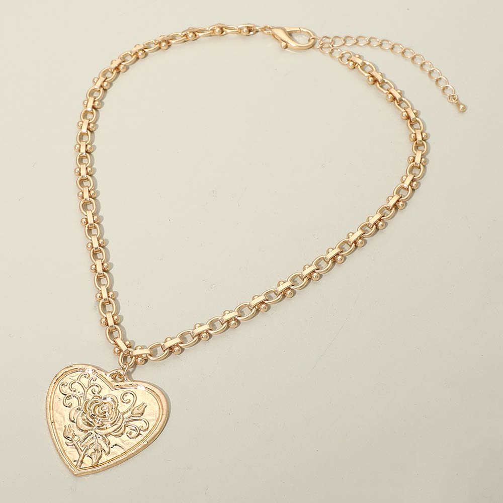 Madeline Love Worn Gold Rose Embossed Heart Pendant Decorative Link Chain Necklace - Necklaces - extra