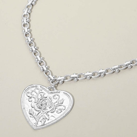 Madeline Love Worn Silver Rose Embossed Heart Pendant Decorative Link Chain Necklace - Necklaces