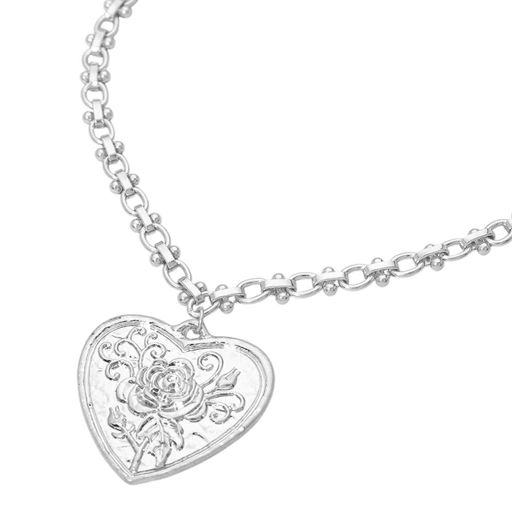 Madeline Love Worn Silver Rose Embossed Heart Pendant Decorative Link Chain Necklace - Necklaces - desc