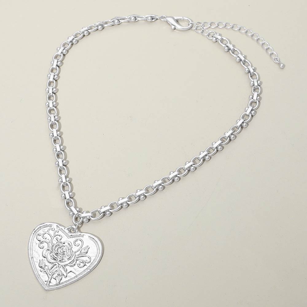 Madeline Love Worn Silver Rose Embossed Heart Pendant Decorative Link Chain Necklace - Necklaces - extra