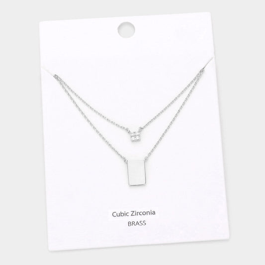 Madeline Love Rhodium CZ Embellished Square Brass Metal Rectangle Pendant Double Layered Necklace - Necklaces
