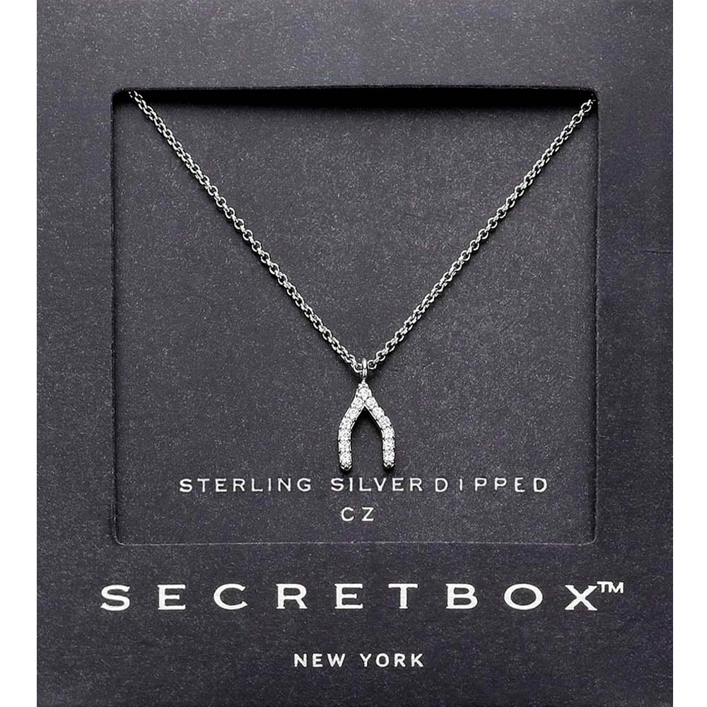 Madeline Love White Gold SECRET BOX_Sterling Silver Dipped CZ Stone Paved Wishbone Pendant Necklace - Jewelry