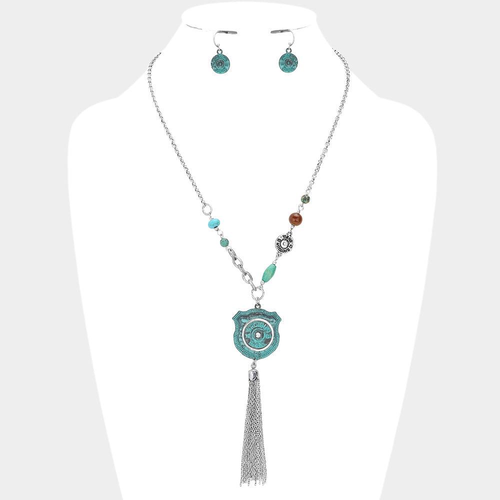 Madeline Love Patina Verdigris Shotgun Shell Bullet Tassel Pendant Necklace - Necklaces