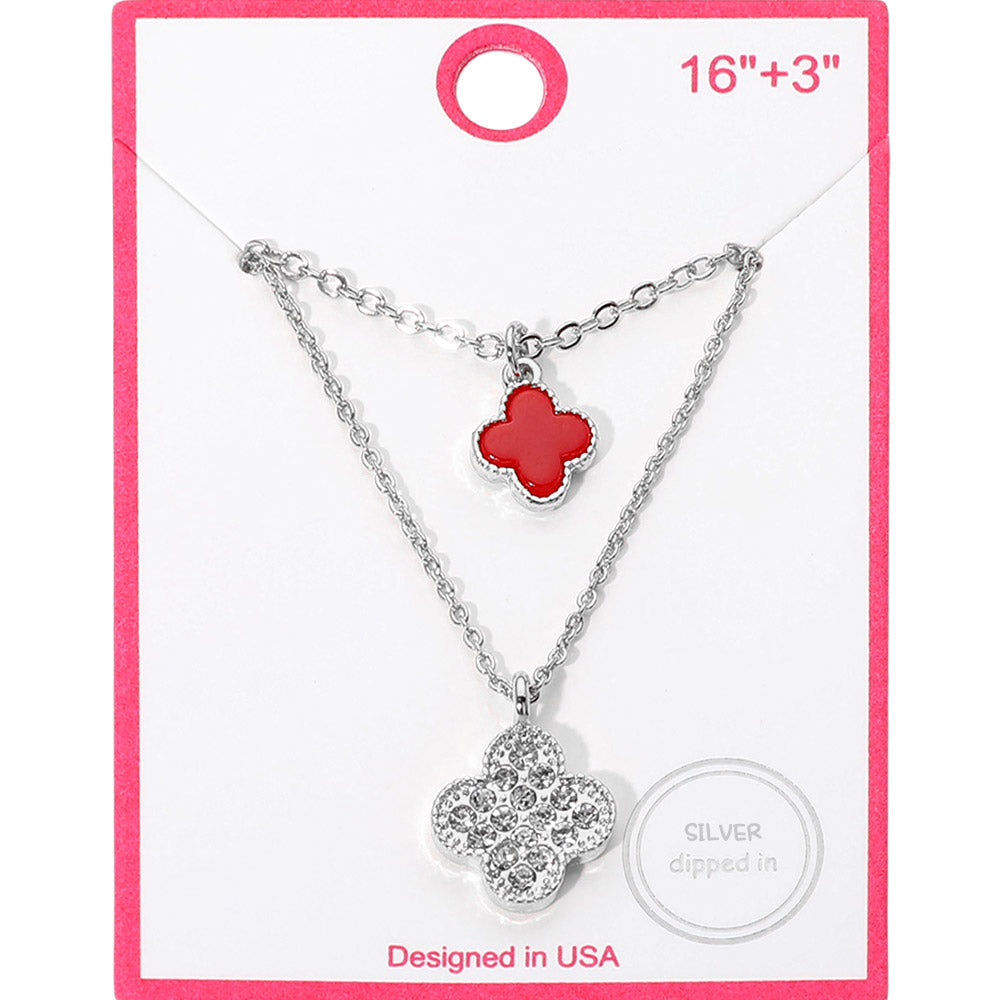 Madeline Love Red, Rhodium Silver Dipped Double Quatrefoil Pendant Layered Necklace - Necklaces