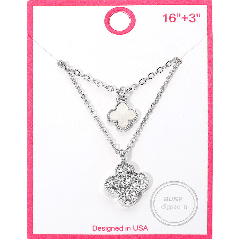 Madeline Love Rhodium, White Silver Dipped Double Quatrefoil Pendant Layered Necklace - Necklaces