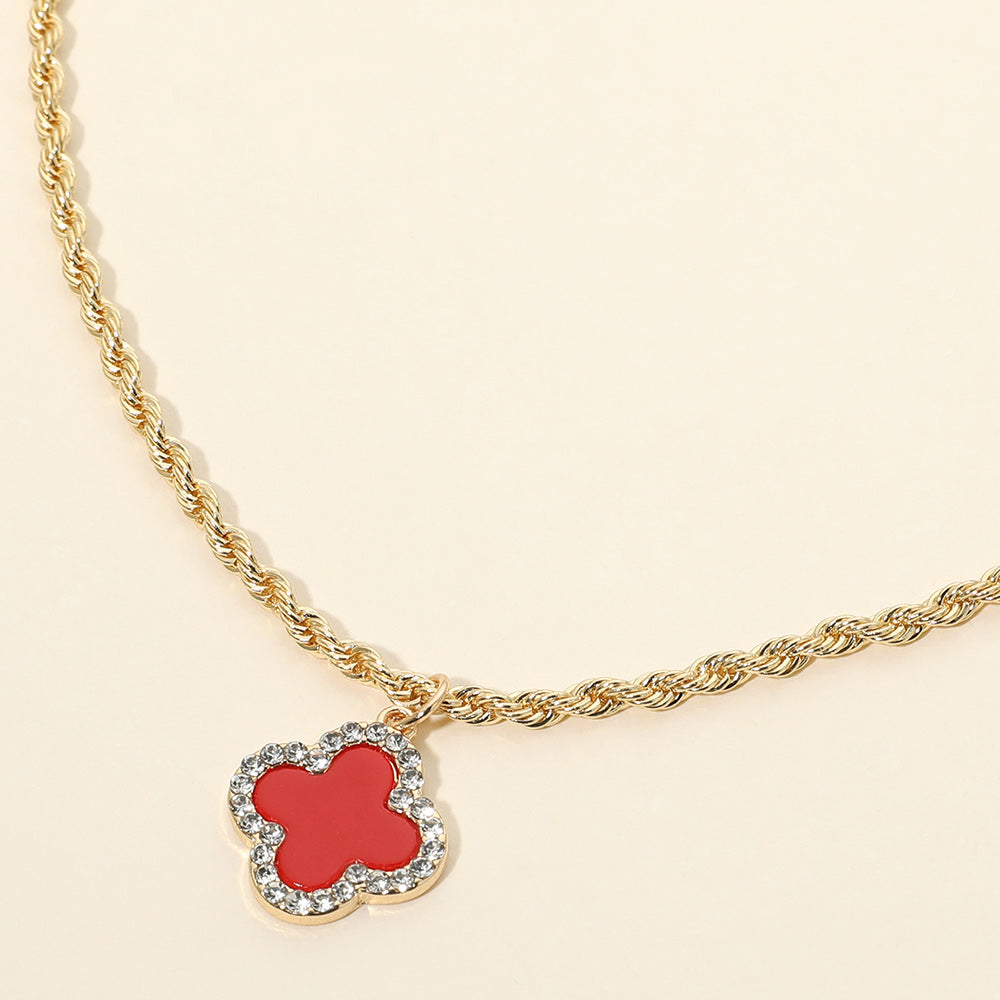 Madeline Love Gold, Red Gold Dipped Rhinestone Rim Quatrefoil Pendant Rope Chain Necklace