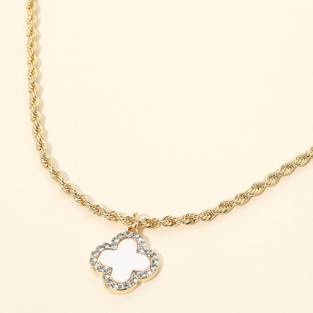Madeline Love Gold, White Gold Dipped Rhinestone Rim Quatrefoil Pendant Rope Chain Necklace