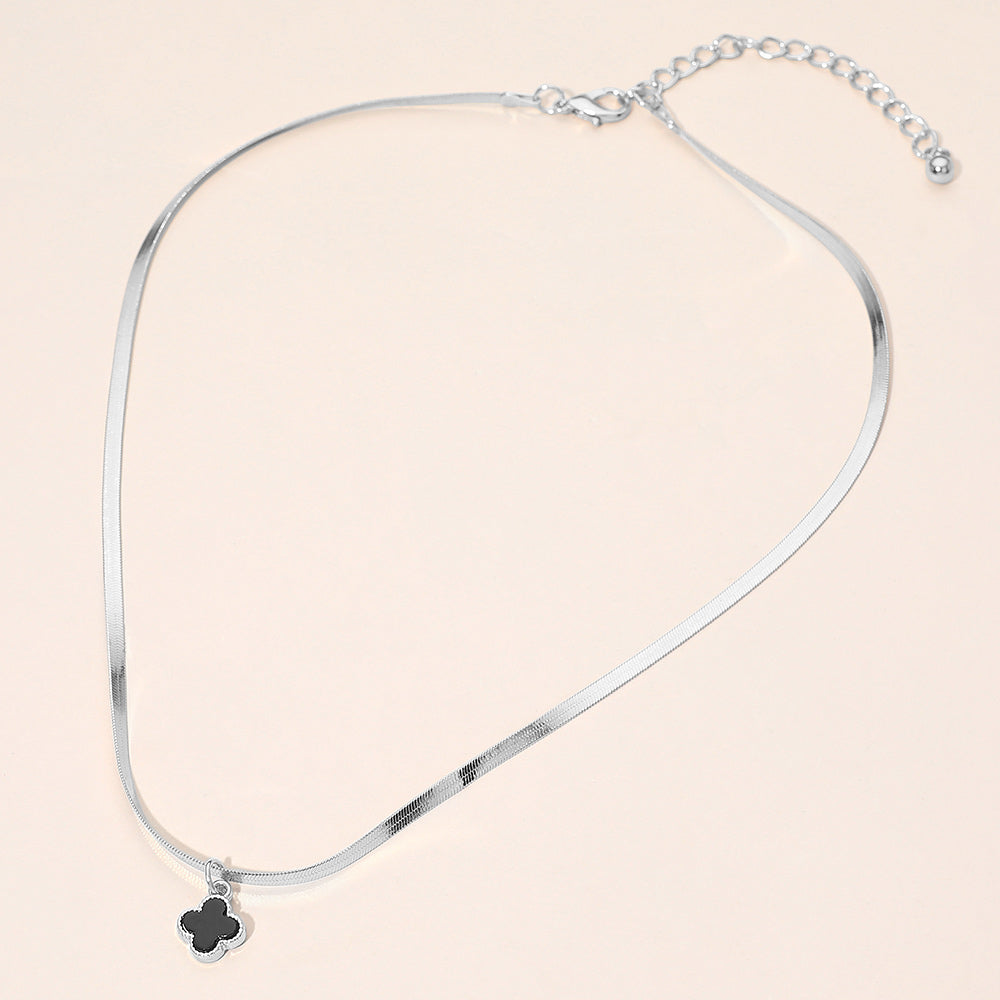 Madeline Love Black, Rhodium Silver Dipped Quatrefoil Pendant Herringbone Chain Necklace - Jewelry