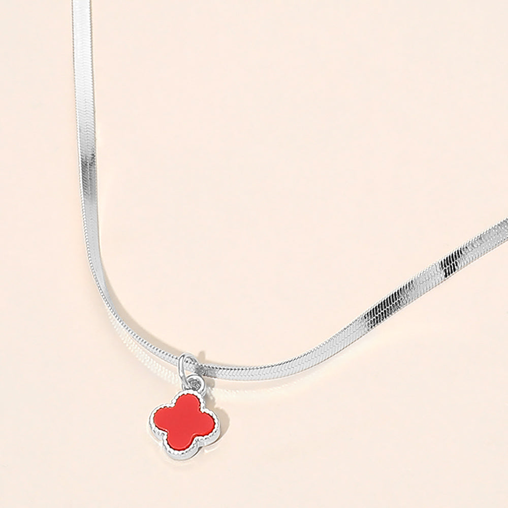 Madeline Love Red, Rhodium Silver Dipped Quatrefoil Pendant Herringbone Chain Necklace - Jewelry