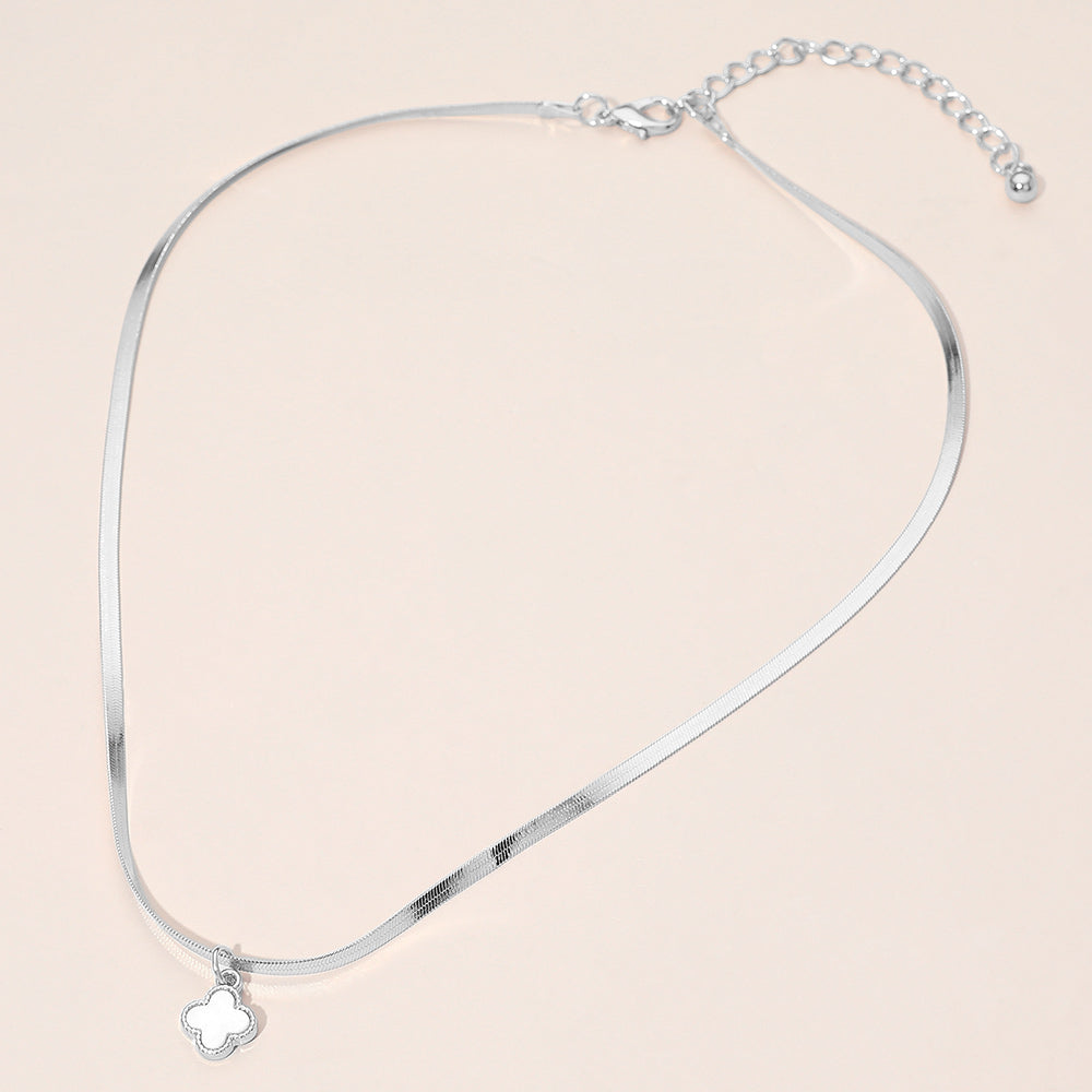 Madeline Love Rhodium, White Silver Dipped Quatrefoil Pendant Herringbone Chain Necklace - Jewelry