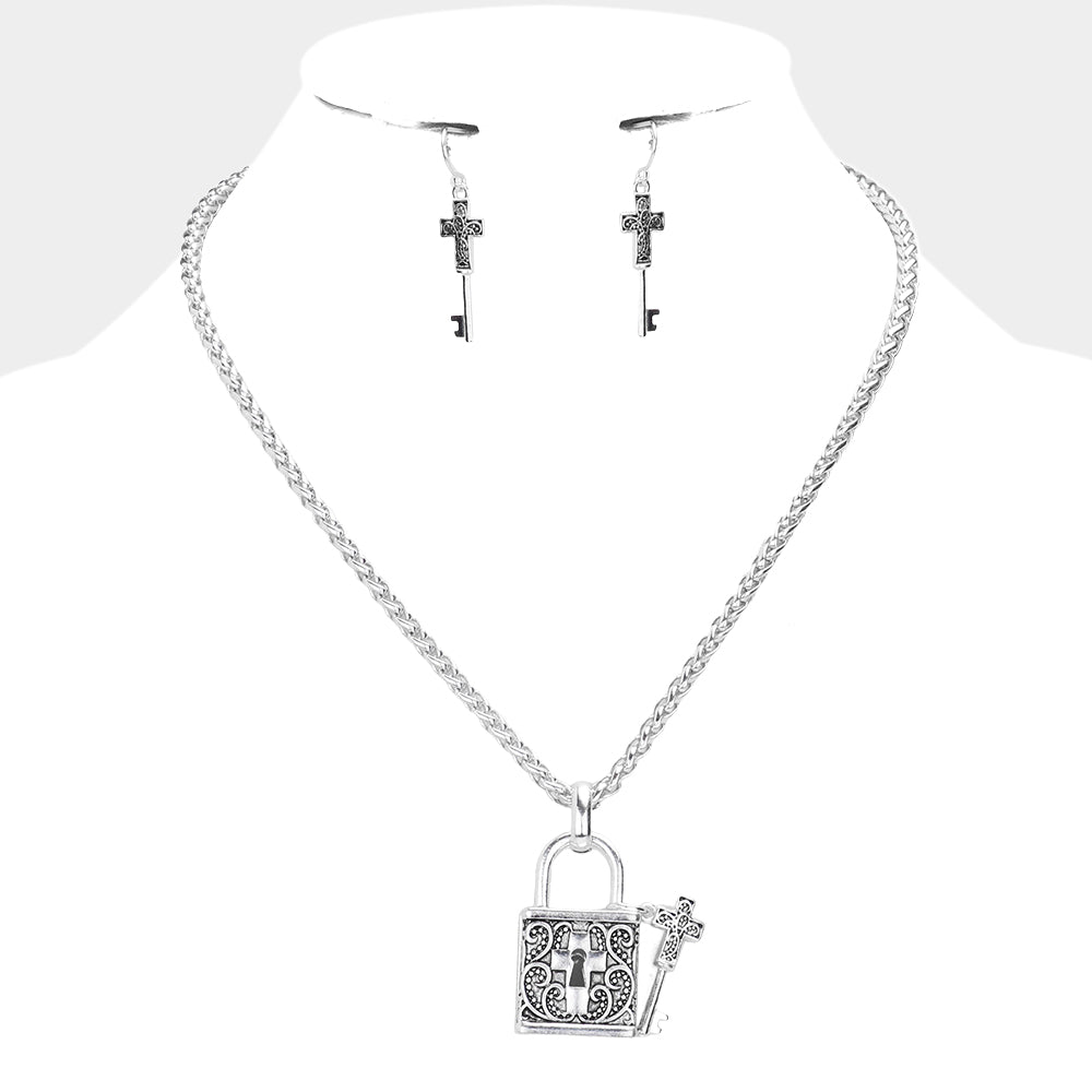 Madeline Love Antique Silver Cross Centered Metal Lock Key Pendant Necklace - Necklaces