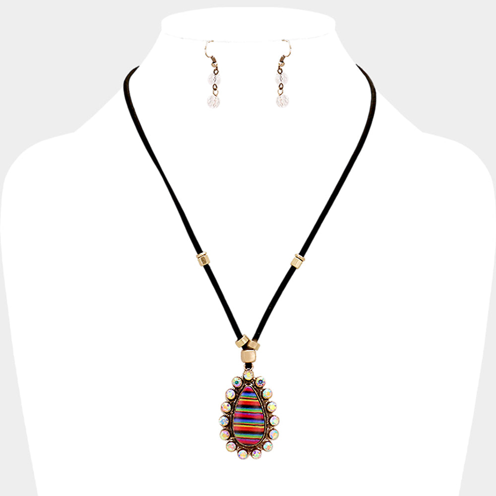 Madeline Love Multi, Gold Burnished, Black Faux Leather Cord Serape Rhinestone Teardrop Necklace - Jewelry