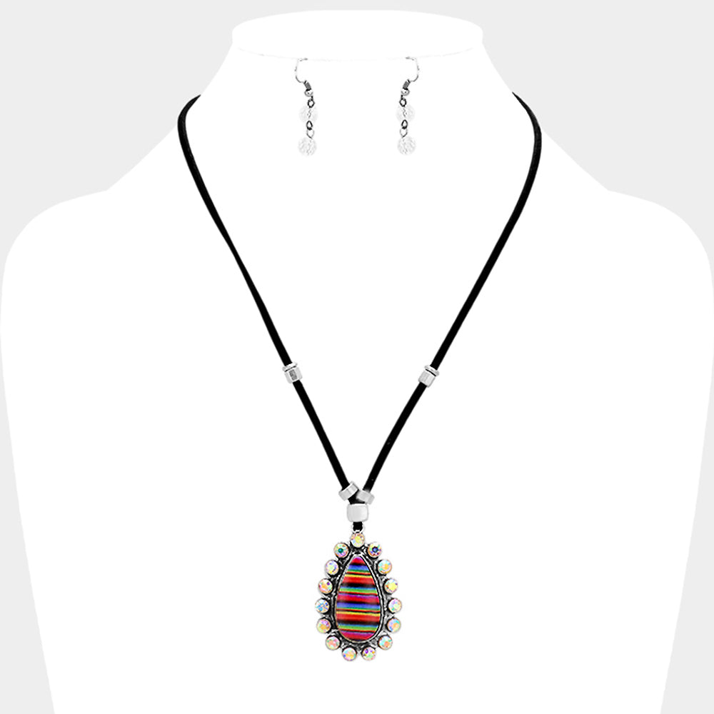 Madeline Love Silver Burnished, Multi, Black Faux Leather Cord Serape Rhinestone Teardrop Necklace - Jewelry