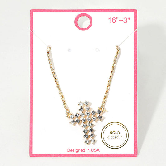 Madeline Love Clear, Gold Gold Dipped Rhinestone Cross Pendant Necklace - Jewelry