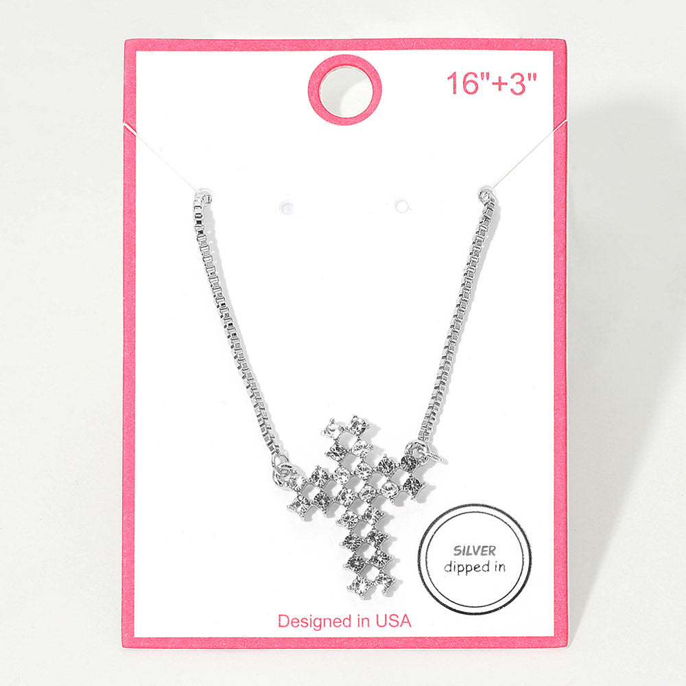 Madeline Love Clear, Rhodium Silver Dipped Rhinestone Cross Pendant Necklace - Jewelry