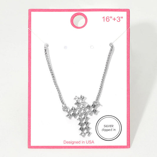 Madeline Love Clear, Rhodium Silver Dipped Rhinestone Cross Pendant Necklace - Jewelry